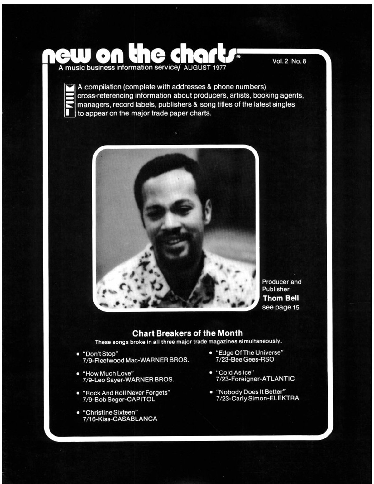 Thom Bell on the cover of <i>New On the Charts</i>, August 1977.
